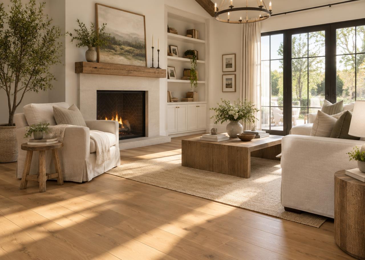 Bright living room with wide-plank white oak hardwood flooring